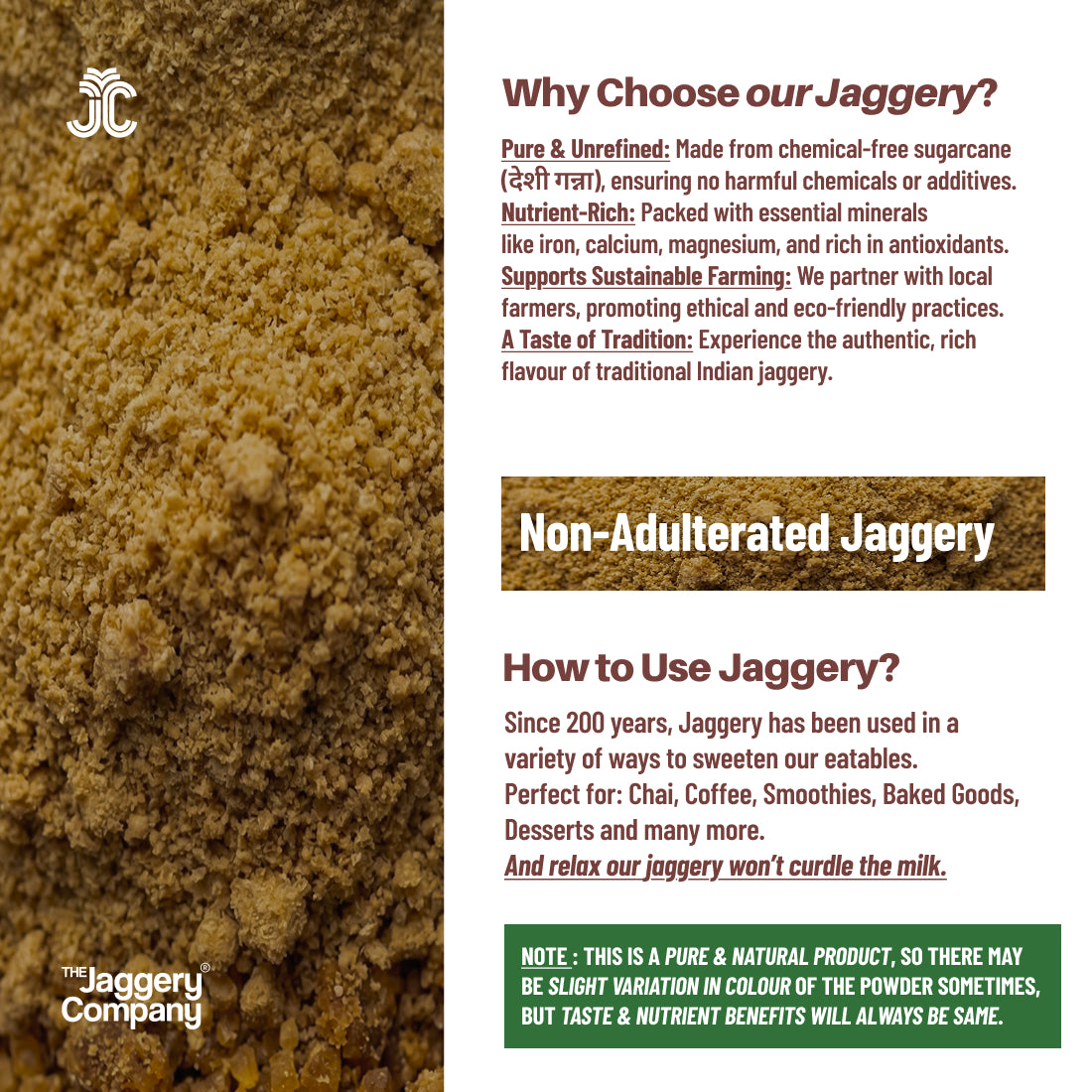 Jaggery Powder, Natural Sweetener for Tea, Cooking & Baking - 500g